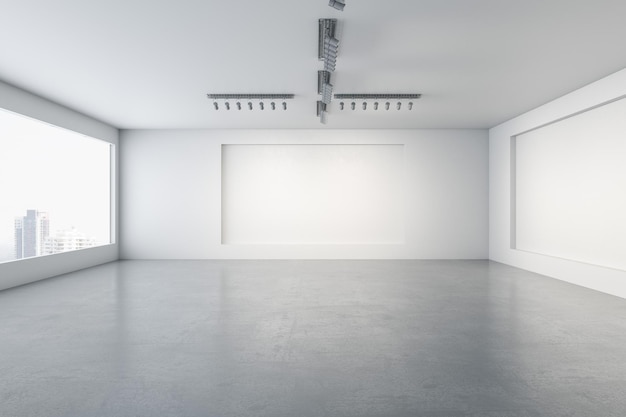 Interior de galeria de concreto vazio simples com janela e vista da cidade mock up lugar nas paredes e conceito de Museu de luz do dia Renderização em 3D