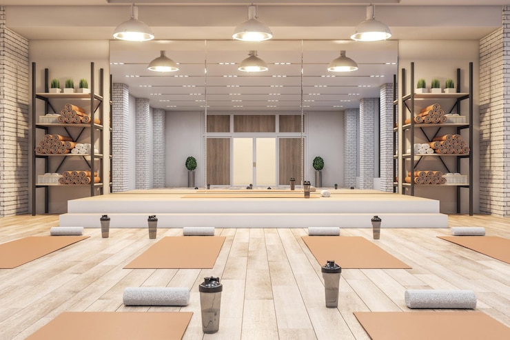 Foto interior de ginásio de ioga de concreto de luxo com luz do dia do equipamento e piso de madeira conceito de estilo de vida saudável renderização em 3d