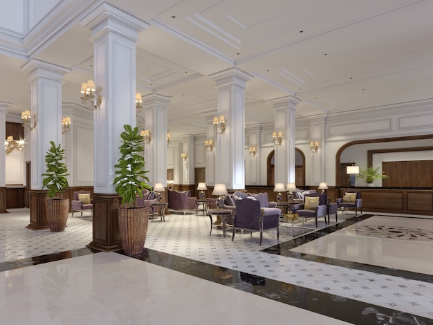 Interior de hotel moderno e luxuoso com móveis luxuosos. Renderização 3d