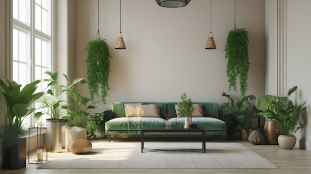 Interior de IA generativa de uma área de estar com um sofá e plantas verdes