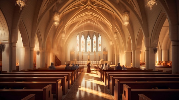 Interior de igreja serena com bancos iluminados IA generativa