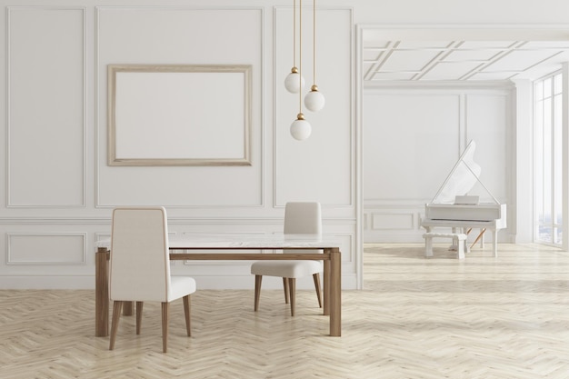 Interior de luxo branco sala de estar com duas poltronas brancas, um piano e uma mesa. Um pôster horizontal emoldurado. simulação de renderização 3D