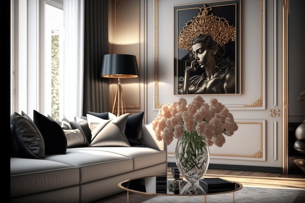 Interior de luxo do design de sala de estar em casa com móveis elegantes