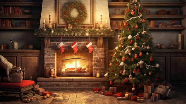 Interior de Natal com lareira e árvore de Natal