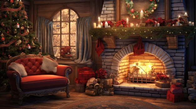 Interior de Natal com poltrona de lareira e árvore de Natal