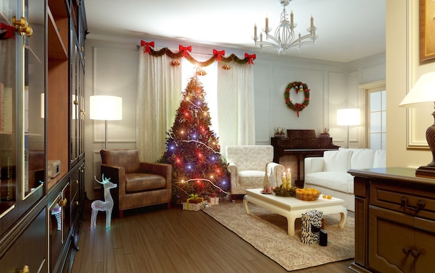 Interior de natal com uma árvore de natal