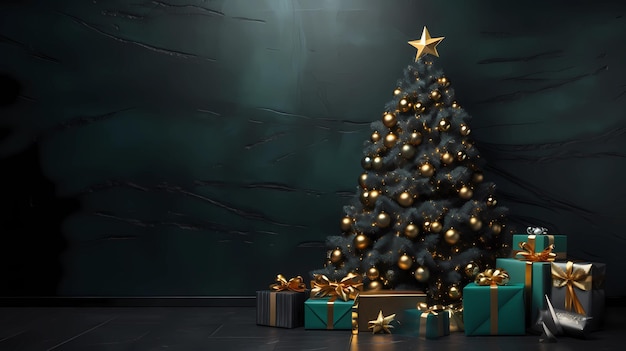 Interior de Natal e Ano Novo com um fundo de parede verde escuro, guirlandas, uma árvore de Natal com lâmpadas e presentes de Natal.