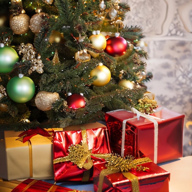 Foto interior de natal e ano novo decorado com árvore de abeto com guirlandas e bolas