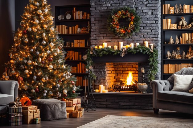Interior de Natal em cores vermelhas e brancas com árvore de Natal e lareira