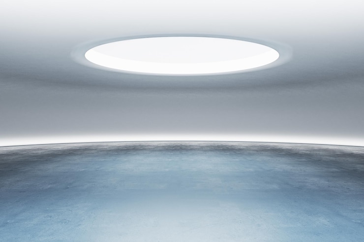 Foto interior de nave espacial de concreto com luz de cima e mock up colocado no chão em spotlight conceito de apresentação renderização 3d