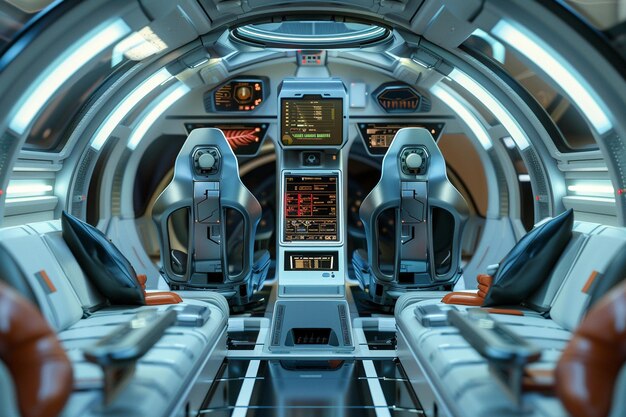 Foto interior de nave espacial futurista com controle elegante