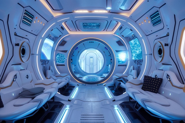 Interior de nave espacial futurista com design elegante e