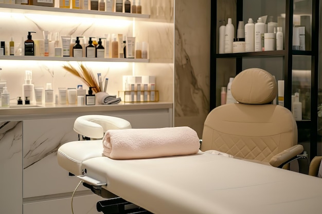 Interior de novo salão de beleza com mesa de massagem de spa e conjunto de produtos de cuidados com a pele prontos para uso