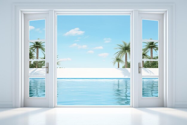 Foto interior de piscina de luxo com vista para o mar rendering 3d