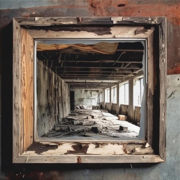 Interior de prédio abandonado com janelas quebradas e molduras de madeira estilo vintage