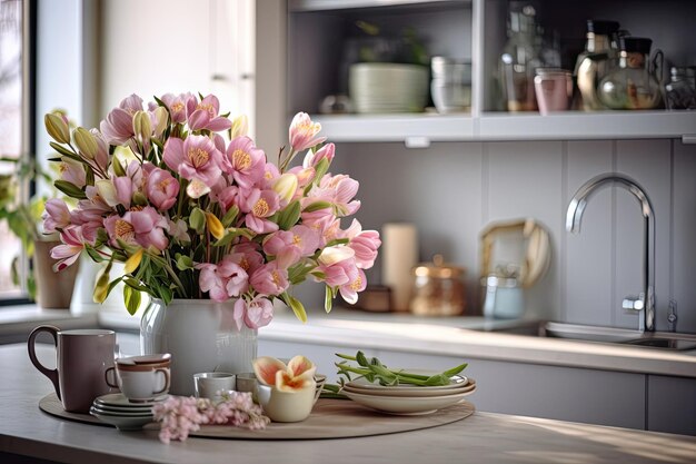 Interior de primavera de uma cozinha moderna com buquês de flores tempo de primavera humor de primavera AI gerado