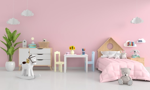 Interior de quarto de criança rosa com espaço de cópia