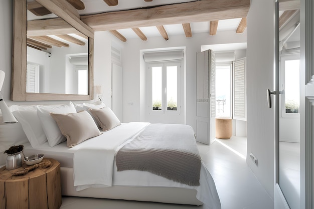 Interior de quarto de estilo mediterrâneo com cama moderna Conteúdo de IA generativa