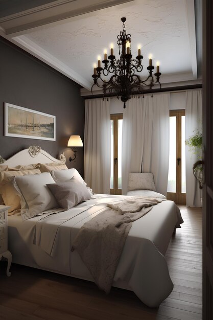 Interior de quarto de estilo provençal com cama moderna em casa de luxo Conteúdo de IA generativa
