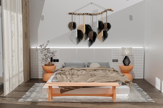 Foto interior de quarto de luxo com cama dupla de pé renderização 3d