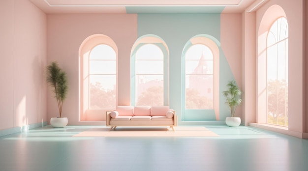 Interior de quarto minimalista com móveis simples com cores de tons pastel