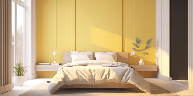 Interior de quarto minimalista com parede amarela e grande janela