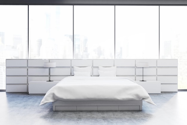 Interior de quarto minimalista com uma cama de casal perto de uma grande janela panorâmica. renderização 3D.
