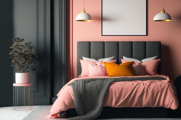 Interior de quarto moderno com cama rosa contra parede rosa e cartaz