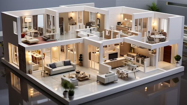 Interior de quarto moderno com janela e vista para a cidade e móveis de madeira Rendering 3D