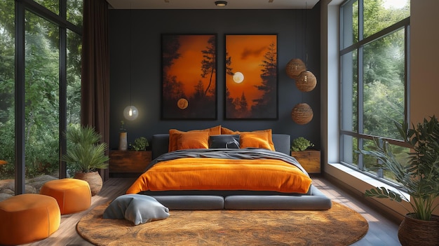 Foto interior de quarto moderno com vista para a floresta e sotaques laranjas vibrantes