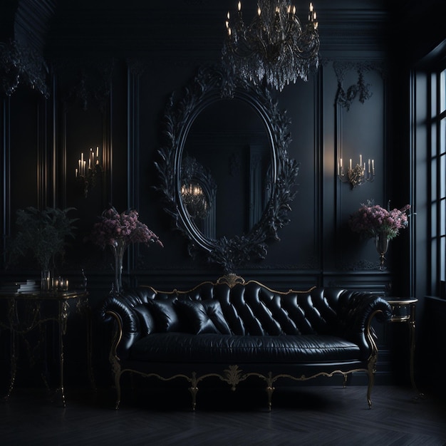 Interior de quarto preto com um sofá vintage, lustre, espelho e lareira decorados com flores