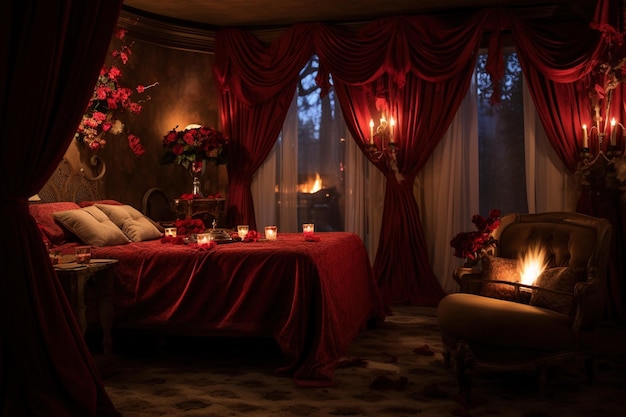 Interior de quarto romântico com cortinas cor-de-rosa e corações vermelhos conceito de Dia dos Namorados