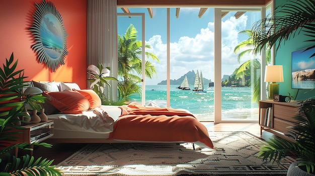 Interior de quarto tropical com cama dupla