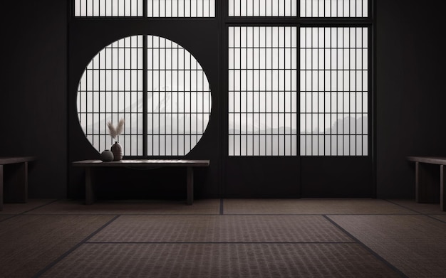 Interior de quarto vazio japonês tradicional com tapetes de tatami