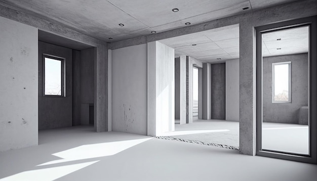 Interior de quarto vazio para exposição de galeria. Interior da sala de exposições com piso em parquet de madeira, paredes em branco de tinta branca e teto. Ilustração 3d realista de modelo de design criativo.