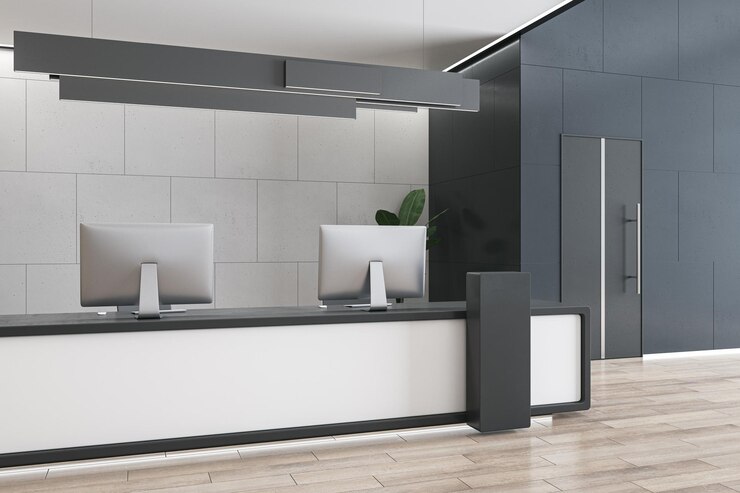 Foto interior de recepção de escritório de madeira e concreto brilhante com mesa e monitores de computador lobby do hotel e conceito de área de espera renderização em 3d