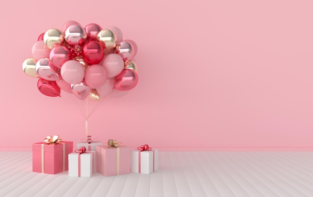 interior de renderização 3D com caixa de presente realista de balões dourados e rosa com cartaz de simulação de fita