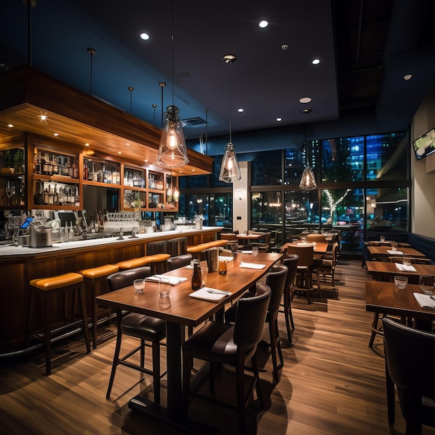 Interior de restaurante de luxo com mesas e cadeiras de madeira e um bar com banquetes