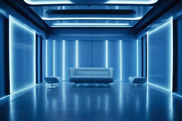 interior de sala azul abstrato com lâmpadas de néon azuis fundo de arquitetura futurista