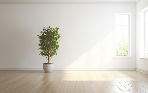 Interior de sala branca vazia com pote de planta em um chão de madeira