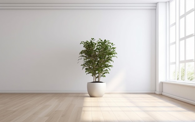 Interior de sala branca vazia com pote de planta em um chão de madeira