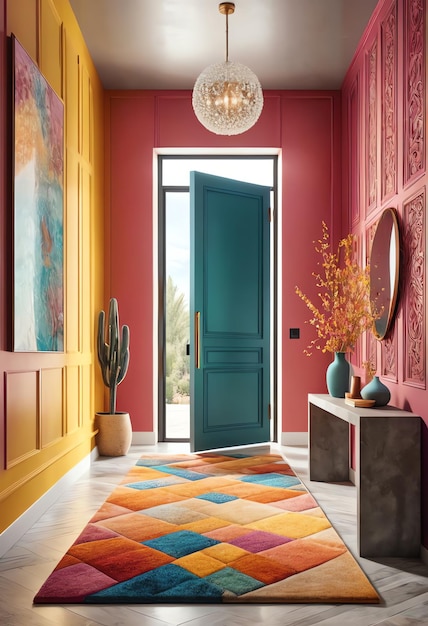 Foto interior de sala de entrada moderna com design colorido