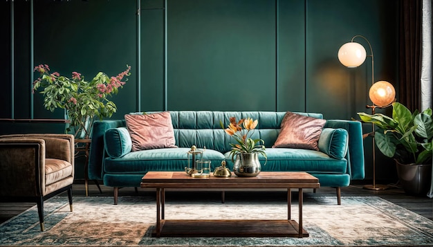 interior de sala de estar clássica com sofá azul