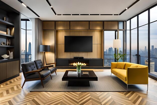 Interior de sala de estar de luxo com móveis e vista panorâmica da cidade