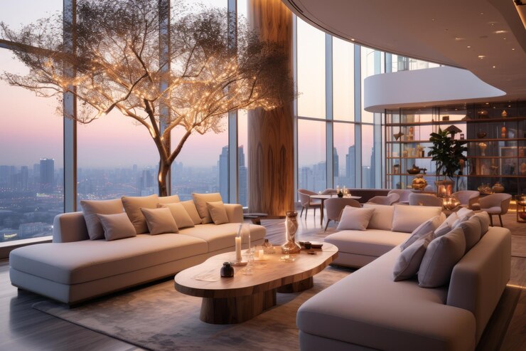 Foto interior de sala de estar de luxo moderno com vista panorâmica da cidade