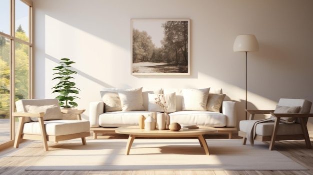 Interior de sala de estar elegante em uma casa de luxo Paredes brancas móveis confortáveis estofados com almofadas mesa de café de madeira cartaz plantas interiores janela panorâmica com vista para a floresta