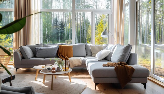 Interior de sala de estar leve com sofás cinzentos, mesa de café e grande janela