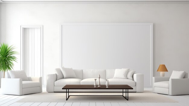 Foto interior de sala de estar minimalista branca com sofá poster de interior escandinavo