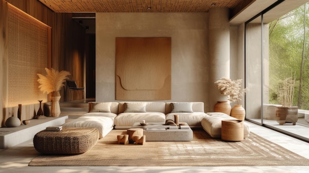 Foto interior de sala de estar minimalista moderna de vila de luxo em tons naturais móveis estofados de moda