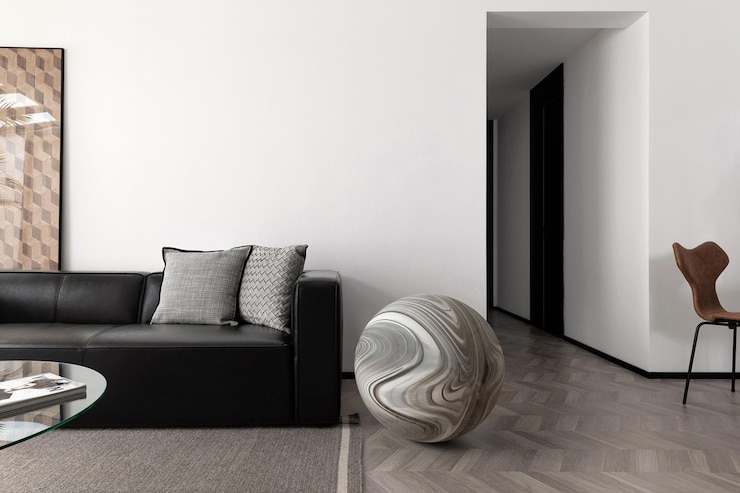 Foto interior de sala de estar moderna com esfera de mármore
